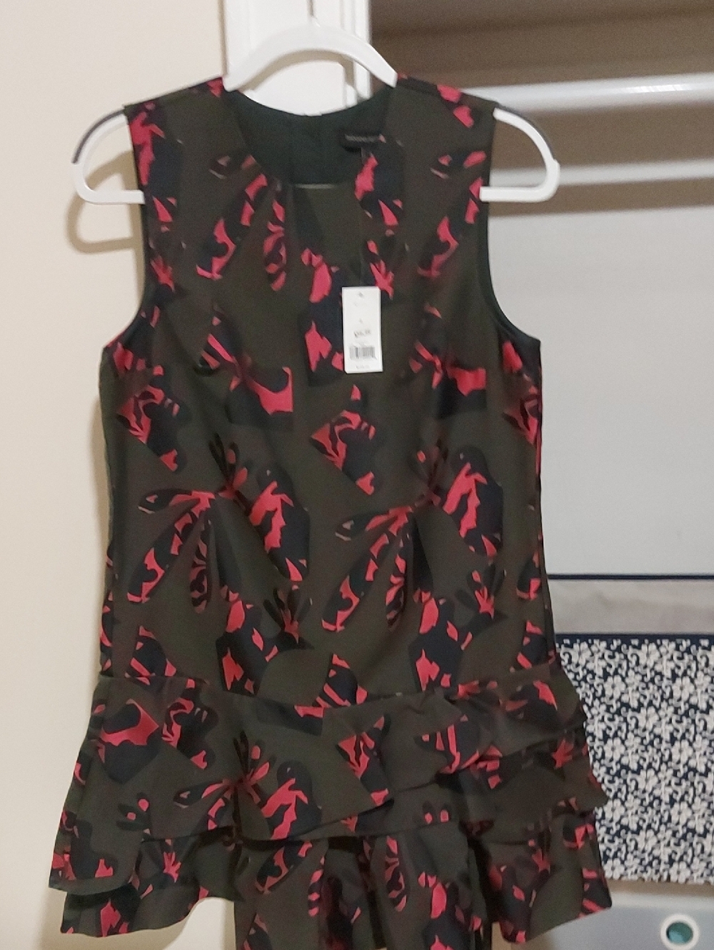 Olive Green Sleeveless Ruffle Hem Top with Pink & Black Print